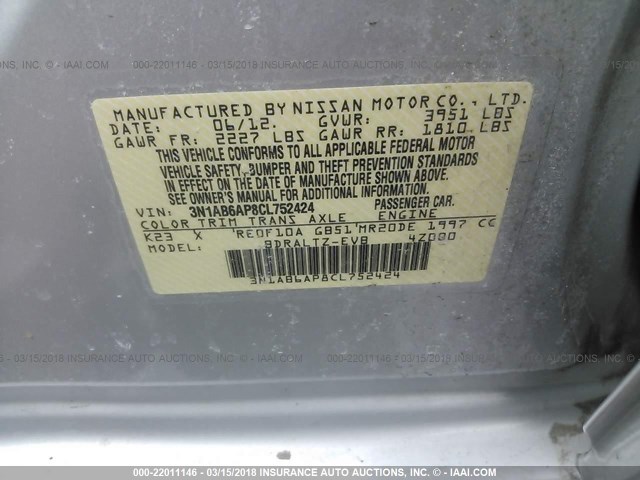 3N1AB6AP8CL752424 - 2012 NISSAN SENTRA 2.0/2.0S/SR/2.0SL SILVER photo 9