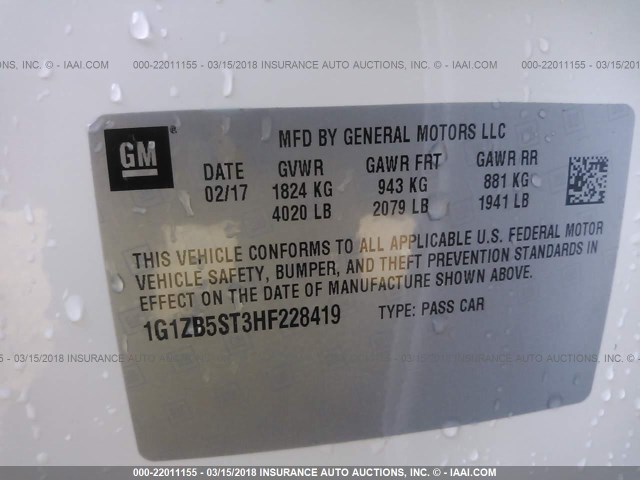 1G1ZB5ST3HF228419 - 2017 CHEVROLET MALIBU LS 白色 照片 9