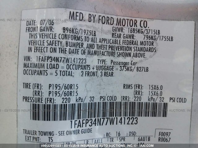 1FAFP34N77W141223 - 2007 FORD FOCUS ZX4/S/SE/SES 银色 照片 9