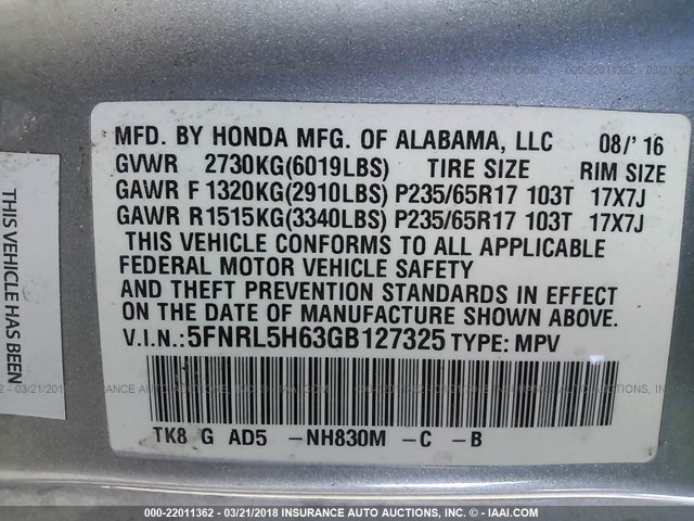 5FNRL5H63GB127325 - 2016 HONDA ODYSSEY EXL ვერცხლისფერი ფოტო 9