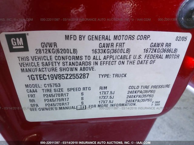 1GTEC19V85Z255287 - 2005 GMC NEW SIERRA C1500 RED photo 9