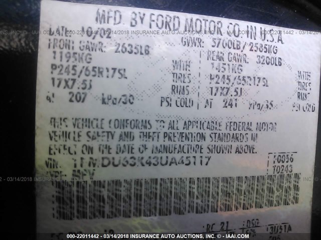 1FMDU63K43UA45117 - 2003 FORD EXPLORER XLT/XLT SPORT/NBX 蓝色 照片 9