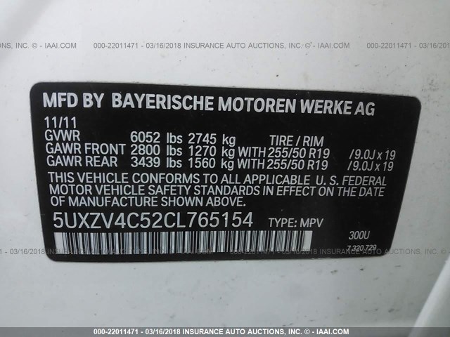 5UXZV4C52CL765154 - 2012 BMW X5 XDRIVE35I WHITE photo 9