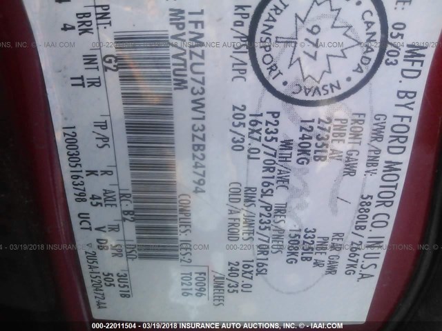 1FMZU73W13ZB24794 - 2003 FORD EXPLORER XLT/XLT SPORT/NBX 红色 照片 9