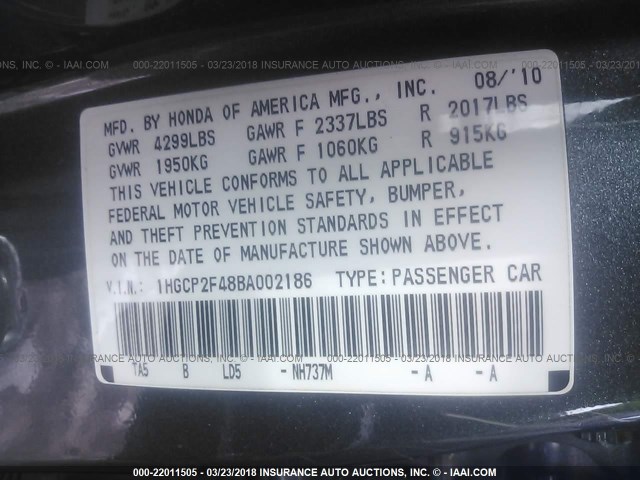 1HGCP2F48BA002186 - 2011 HONDA ACCORD LXP GRAY photo 9