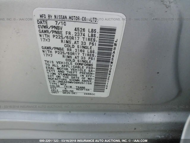 JN8AS5MV0BW251154 - 2011 NISSAN ROGUE S/SV/KROM SILVER photo 9