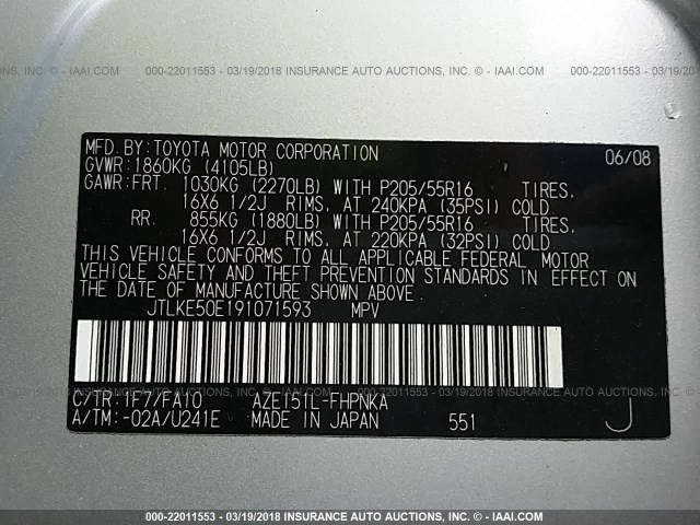 JTLKE50E191071593 - 2009 TOYOTA SCION XB SILVER photo 9