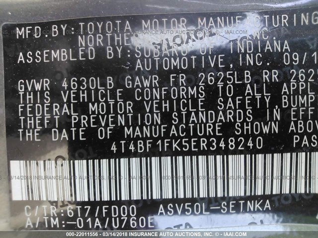 4T4BF1FK5ER348240 - 2014 TOYOTA CAMRY L/SE/LE/XLE GREEN photo 9