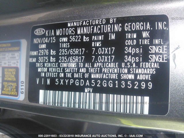 5XYPGDA52GG135299 - 2016 KIA SORENTO LX/L GRAY photo 9