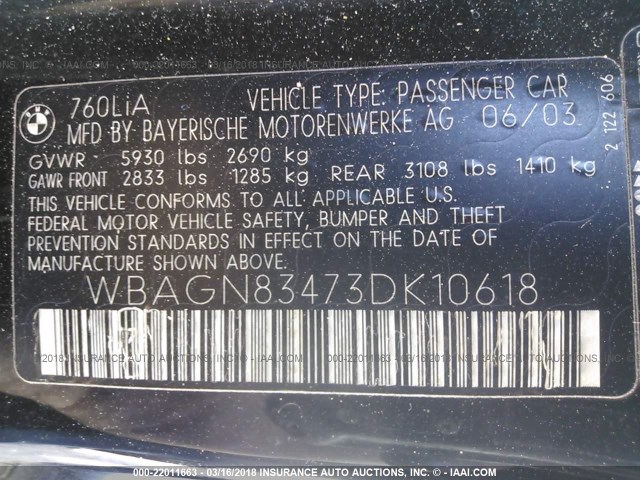 WBAGN83473DK10618 - 2003 BMW 760 LI BLACK photo 9