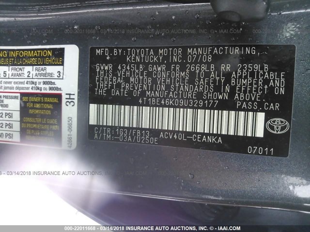 4T1BE46K09U329177 - 2009 TOYOTA CAMRY SE/LE/XLE Серый фото 9