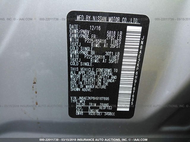 JN8AE2KP6H9167695 - 2017 NISSAN QUEST S/SV/SL/PLATINUM SILVER photo 9