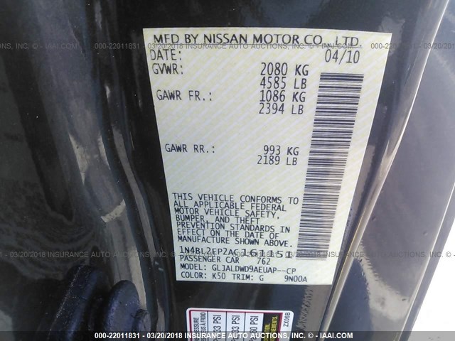 1N4BL2EP2AC161151 - 2010 NISSAN ALTIMA SR GRAY photo 9