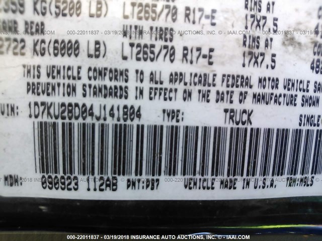 1D7KU28D04J141804 - 2004 DODGE RAM 2500 ST/SLT 蓝色 照片 9