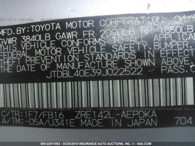 JTDBL40E39J022522 - 2009 TOYOTA COROLLA LE/XLE SILVER photo 9