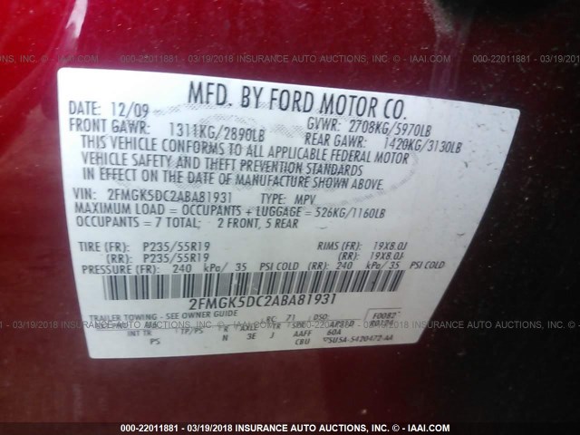 2FMGK5DC2ABA81931 - 2010 FORD FLEX LIMITED BURGUNDY photo 9