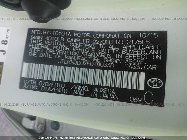 JTDKN3DUXF0480338 - 2015 TOYOTA PRIUS Ağ foto 9