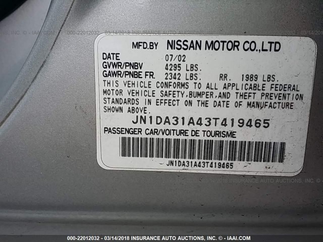 JN1DA31A43T419465 - 2003 NISSAN MAXIMA GLE/SE SILVER photo 9