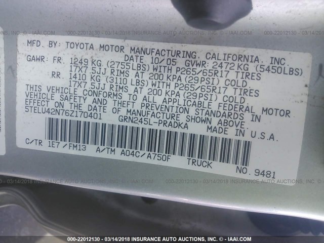5TELU42N76Z170401 - 2006 TOYOTA TACOMA DOUBLE CAB ვერცხლისფერი ფოტო 9