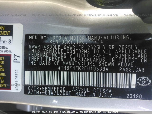 4T1BF1FK2FU495384 - 2015 TOYOTA CAMRY LE/XLE/SE/XSE ვერცხლისფერი ფოტო 9