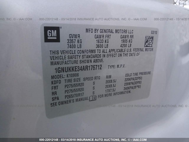 1GNUKKE34AR176712 - 2010 CHEVROLET SUBURBAN K1500 LTZ SILVER photo 9