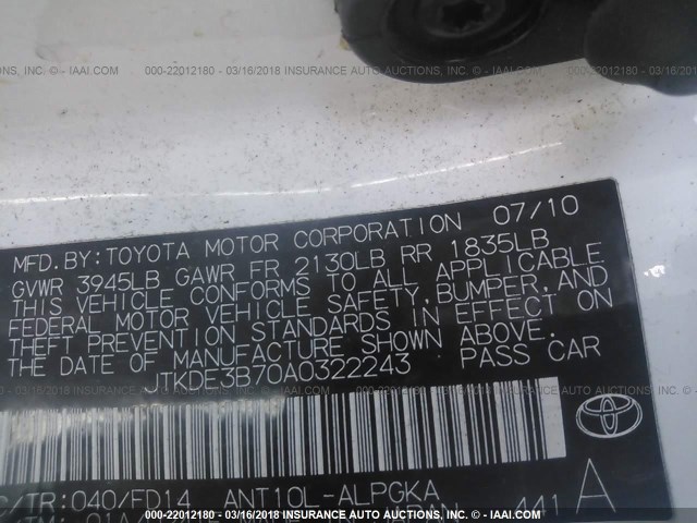 JTKDE3B70A0322243 - 2010 TOYOTA SCION TC 白色 照片 9