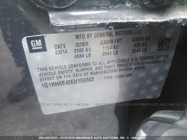 1G1RH6E45EU159362 - 2014 CHEVROLET VOLT GRAY photo 9