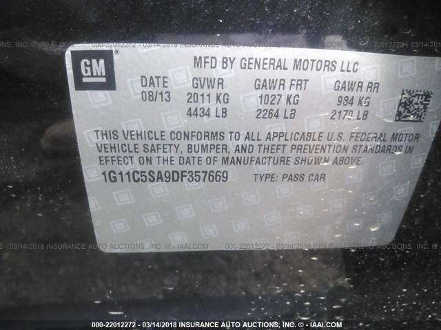 1G11C5SA9DF357669 - 2013 CHEVROLET MALIBU 1LT 黑色 照片 9