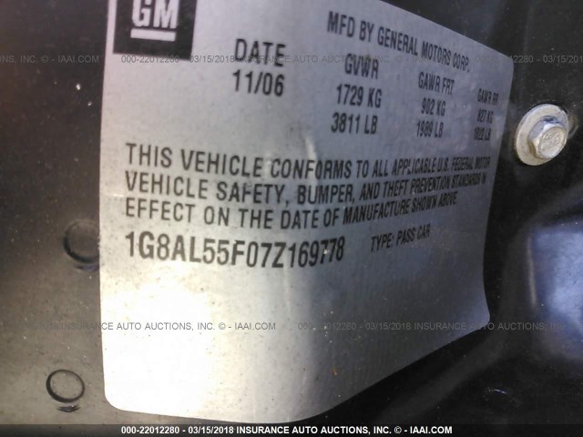 1G8AL55F07Z169778 - 2007 SATURN ION LEVEL 3 GOLD photo 9