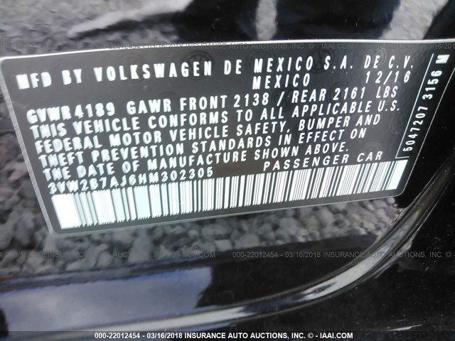 3VW2B7AJ6HM302305 - 2017 VOLKSWAGEN JETTA S 黑色 照片 9