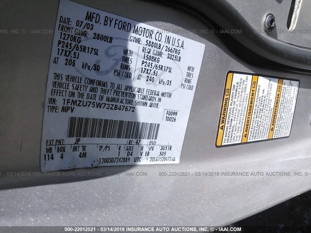 1FMZU75W73ZB47672 - 2003 FORD EXPLORER LIMITED 银色 照片 9