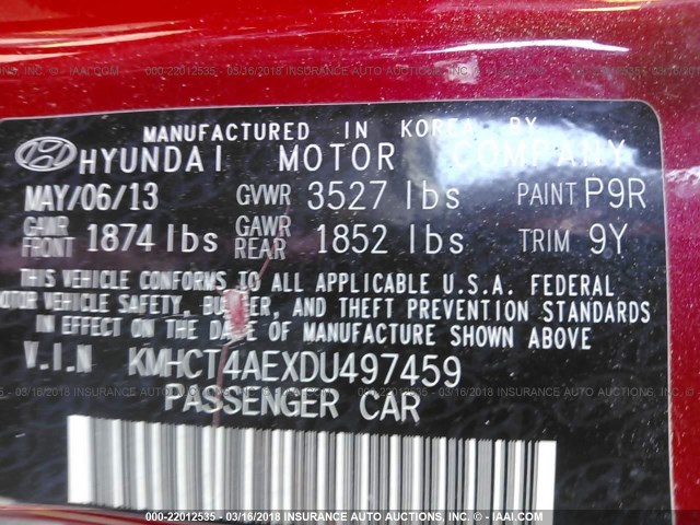 KMHCT4AEXDU497459 - 2013 HYUNDAI ACCENT GLS/GS RED photo 9