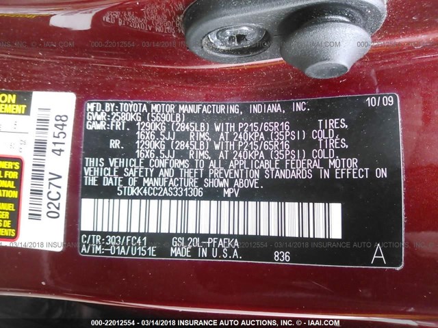 5TDKK4CC2AS331306 - 2010 TOYOTA SIENNA CE/LE RED photo 9