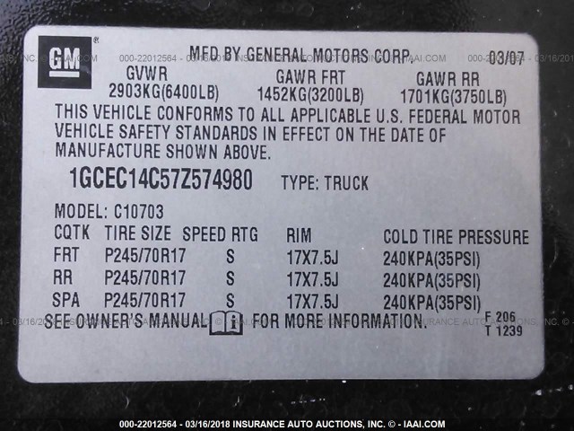 1GCEC14C57Z574980 - 2007 CHEVROLET SILVERADO C1500 BLACK photo 9