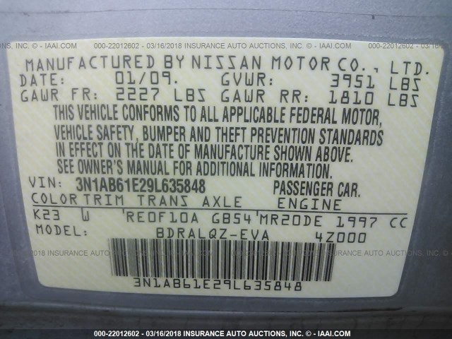 3N1AB61E29L635848 - 2009 NISSAN SENTRA 2.0/2.0S/2.0SL SILVER photo 9