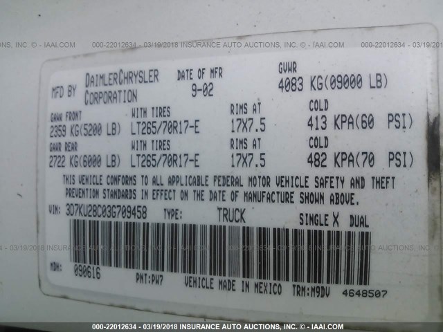 3D7KU28C03G709458 - 2003 DODGE RAM 2500 ST/SLT 白色 照片 9