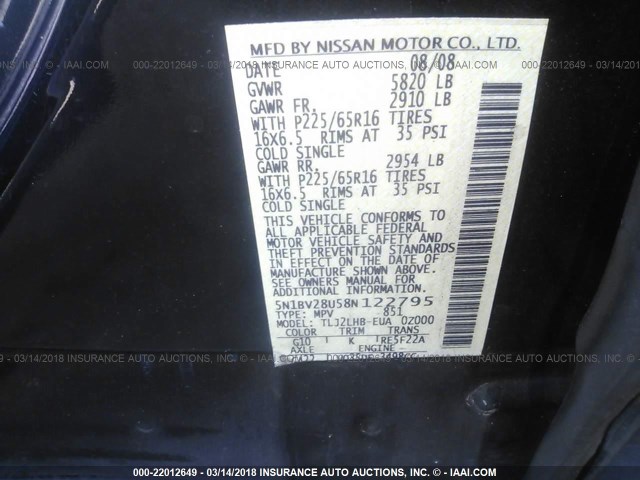 5N1BV28U58N122795 - 2008 NISSAN QUEST S/SE/SL BLACK photo 9