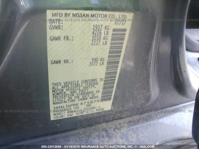 1N4AL3AP9HC475879 - 2017 NISSAN ALTIMA 2.5/S/SV/SL/SR GRAY photo 9