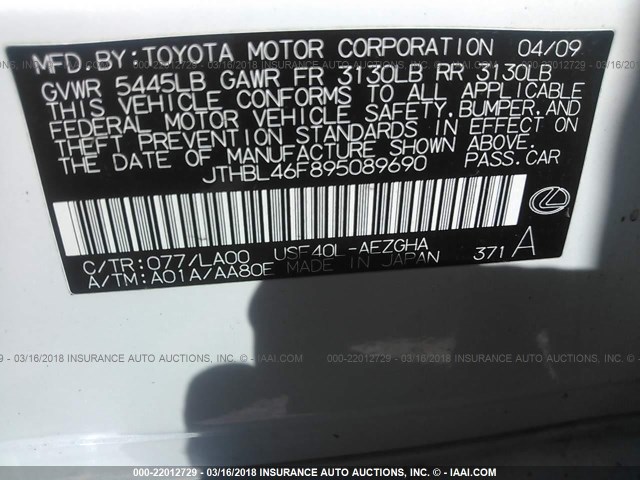 JTHBL46F895089690 - 2009 LEXUS LS 460 WHITE photo 9