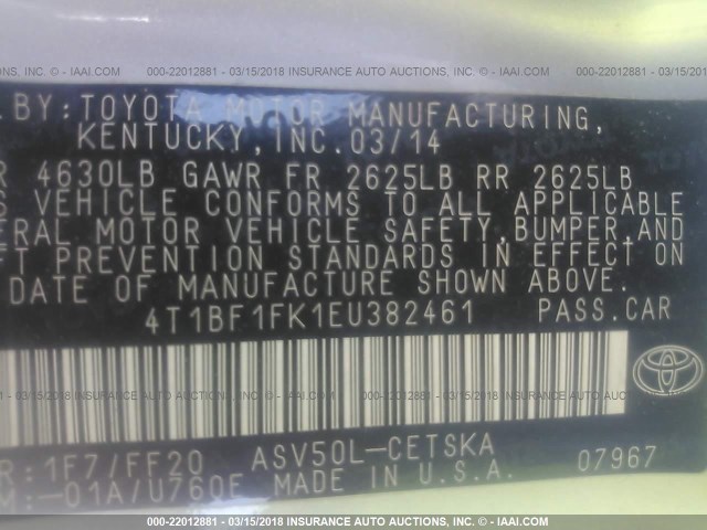 4T1BF1FK1EU382461 - 2014 TOYOTA CAMRY L/SE/LE/XLE 银色 照片 9