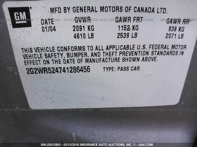 2G2WR524741286456 - 2004 PONTIAC GRAND PRIX GTP SILVER photo 9