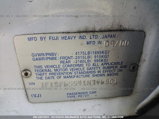 JF1SF65541H746801 - 2001 SUBARU FORESTER S WHITE photo 9