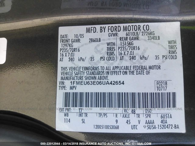 1FMEU63E06UA42654 - 2006 FORD EXPLORER XLT GRAY photo 9