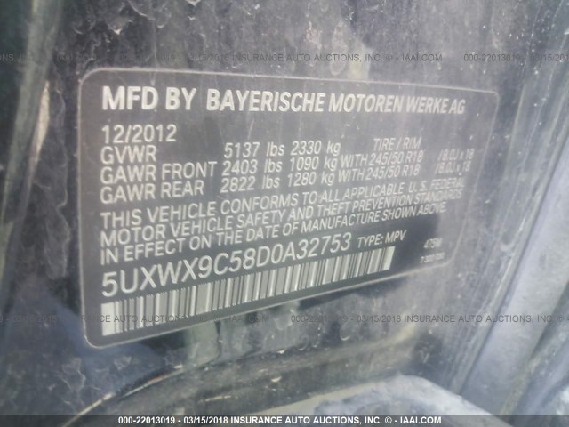 5UXWX9C58D0A32753 - 2013 BMW X3 XDRIVE28I BLACK photo 9