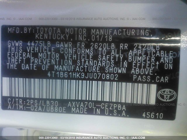 4T1B61HK9JU070802 - 2018 TOYOTA CAMRY XSE WHITE photo 9