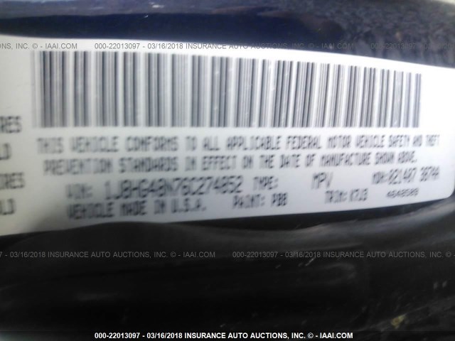 1J8HG48N76C274852 - 2006 JEEP COMMANDER BLUE photo 9