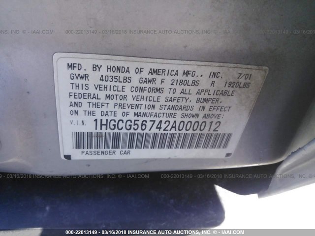 1HGCG56742A000012 - 2002 HONDA ACCORD SE SILVER photo 9