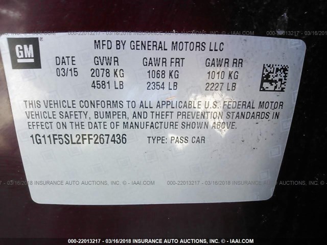 1G11F5SL2FF267436 - 2015 CHEVROLET MALIBU LTZ 栗色 照片 9