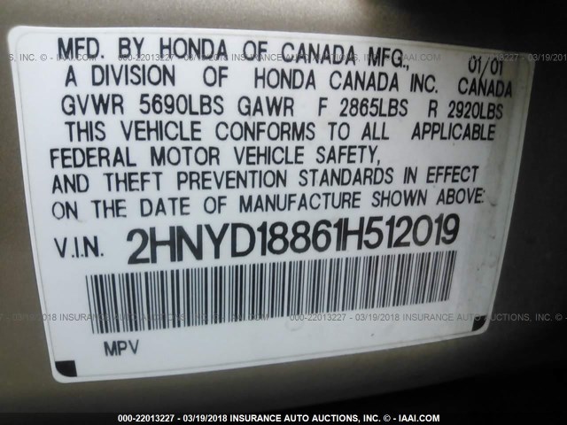 2HNYD18861H512019 - 2001 ACURA MDX TOURING GOLD photo 9