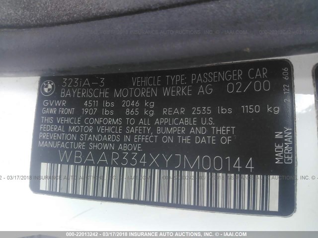 WBAAR334XYJM00144 - 2000 BMW 323 IT WHITE photo 9